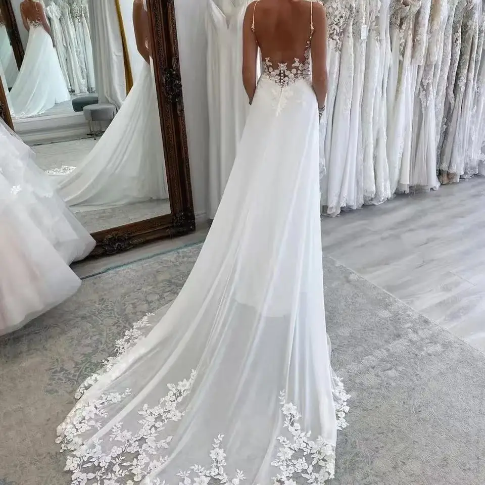 Customized Beach A Line Chiffion Wedding Dresses Sexy V-neck Spaghetti Straps Backless Button Appliques Boho Bridal Gowns