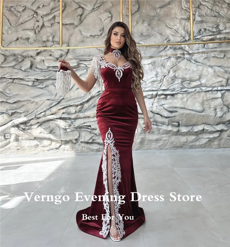 Verngo Dark Red Burgundy Velvet Mermaid Evening Dresses Kaftan Dubai Women Applique Tassel Slit Prom Gowns With Detachable Train