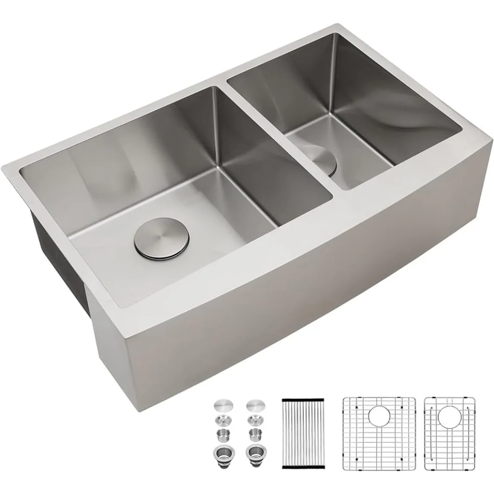 

36 Inch Farmhouse Sink Apron Front Double Bowl 60/40 Stainless Steel 16 Gauge Farmer Kitchen Sinks With Accessories For Strainer