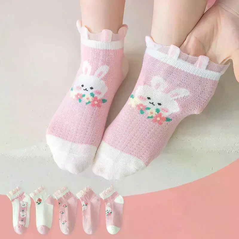 Pink Trendy Versatile Lace Mid-Calf Socks With Color-Blocking Rabbit And Floral Patterns Children's Socks For Girls 5 Pairs