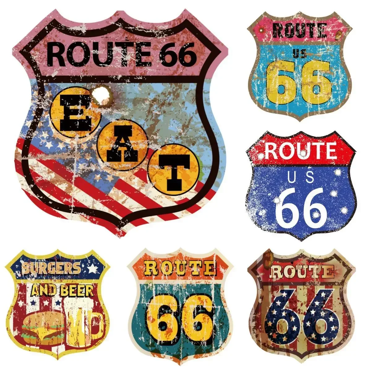 Vintage America Route 66 GAS Beer Tin Signs Metal Shield Shaped Plaques For Garage Club Workshop Man Cave Bar Home Wall Decor