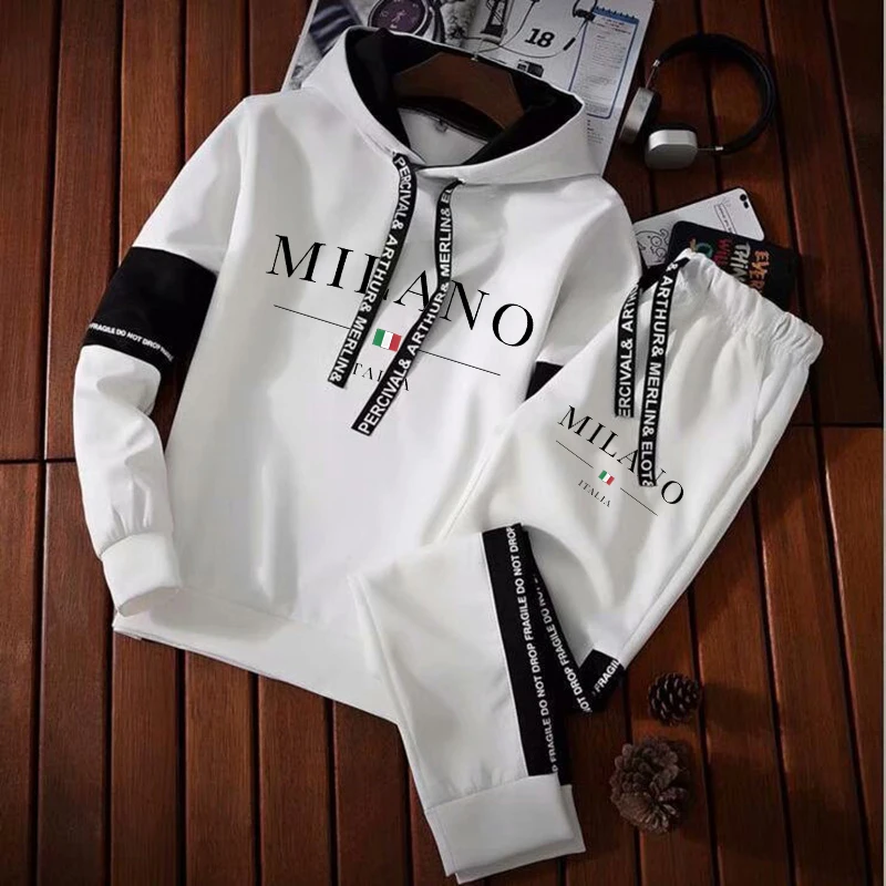 Men Milano Letters Print Sweatshirt Set Hoodies Sweatpants Tracksuit Design Outfits Jogger Suit Male Pullover Luxury Streetwear