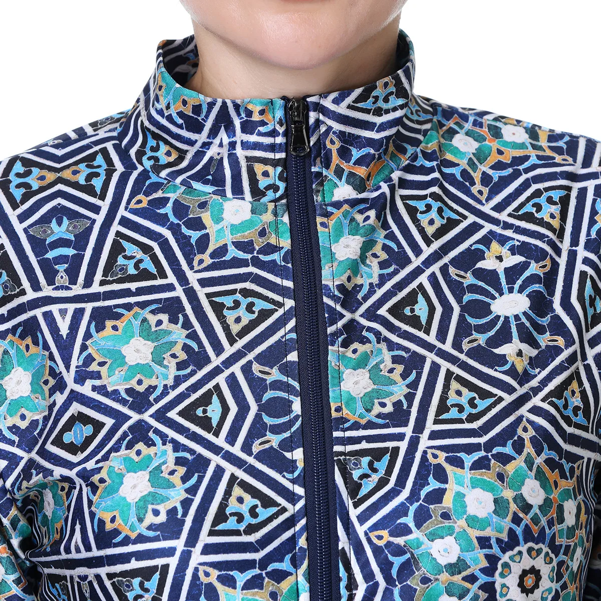 New 3PCS Muslim Burkini Geometric Pattern Zip Long Sleeve Top Black Pants Swim Cap Full Coverage Modest Swimwear Beach Swimming
