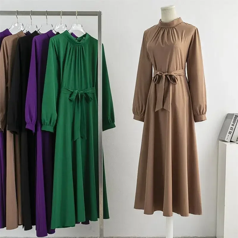 Spring Autumn Long Dresses Fashion Female Vintage Full Sleeve Solid A-line Casual Chiffon Dress Women Maxi Dresses Muslim Dress