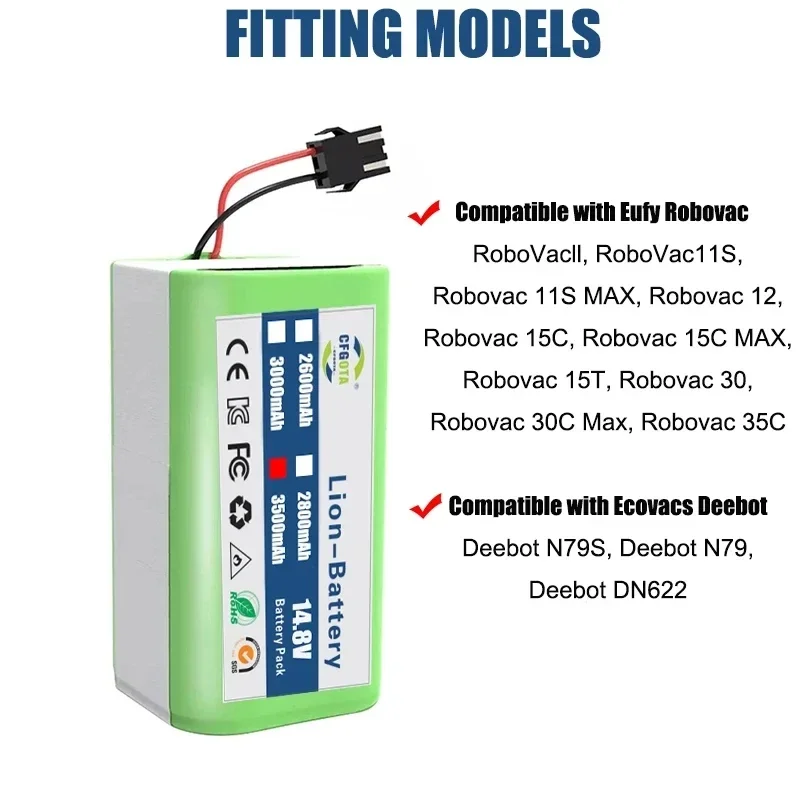 14.4V 3000mAh Li-ion Battery for Conga Excellence 950 990 1090 1790 1990 Deebot N79S N79 DN622 Eufy Robovac 11S 12 X500