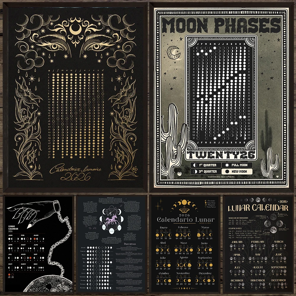 Northern Hemisphere Moon Phases 2026 Calendar Wall Art Canvas Painting,Witchy 2026 Lunar Calendar Art Poster Print Home Decor