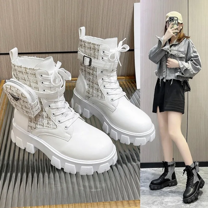 Women Boots New In Motorcycle Ankle Boots Wedges Female Lace Up Platforms White Black Leather Oxford Shoes Women Boots