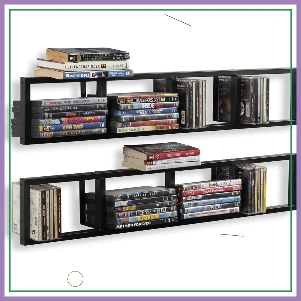 

34 Inch Wall Mount Media Storage Rack, CD DVD Organizer, Metal Floating Shelf Set of 2 in Black