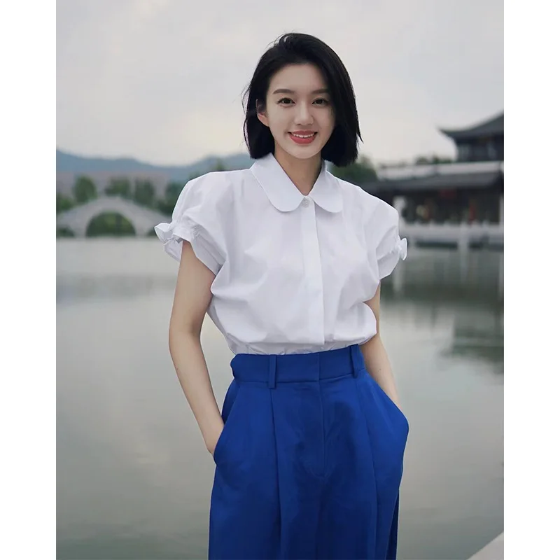 Women's Two-Color Doll Collar Trunched Pleated Shirt, Casual Edition, Short Sleeve, Monochromatic Top, Summer, 2024