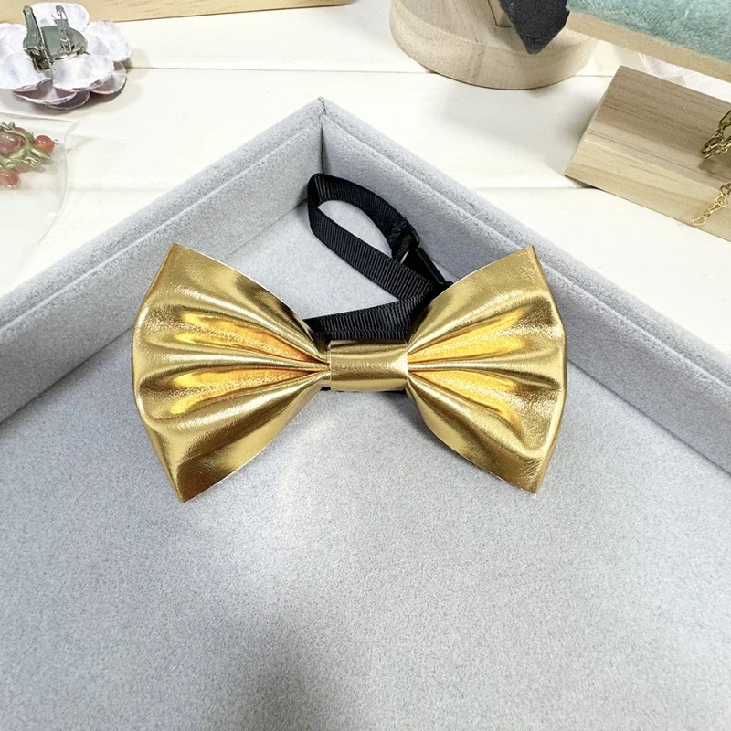 Exclusive Designer Fashionable Gold  Pu Leather Pointed Luxury Bow Tie Bright Nightclub Bowtie Gifts for Men Accessories