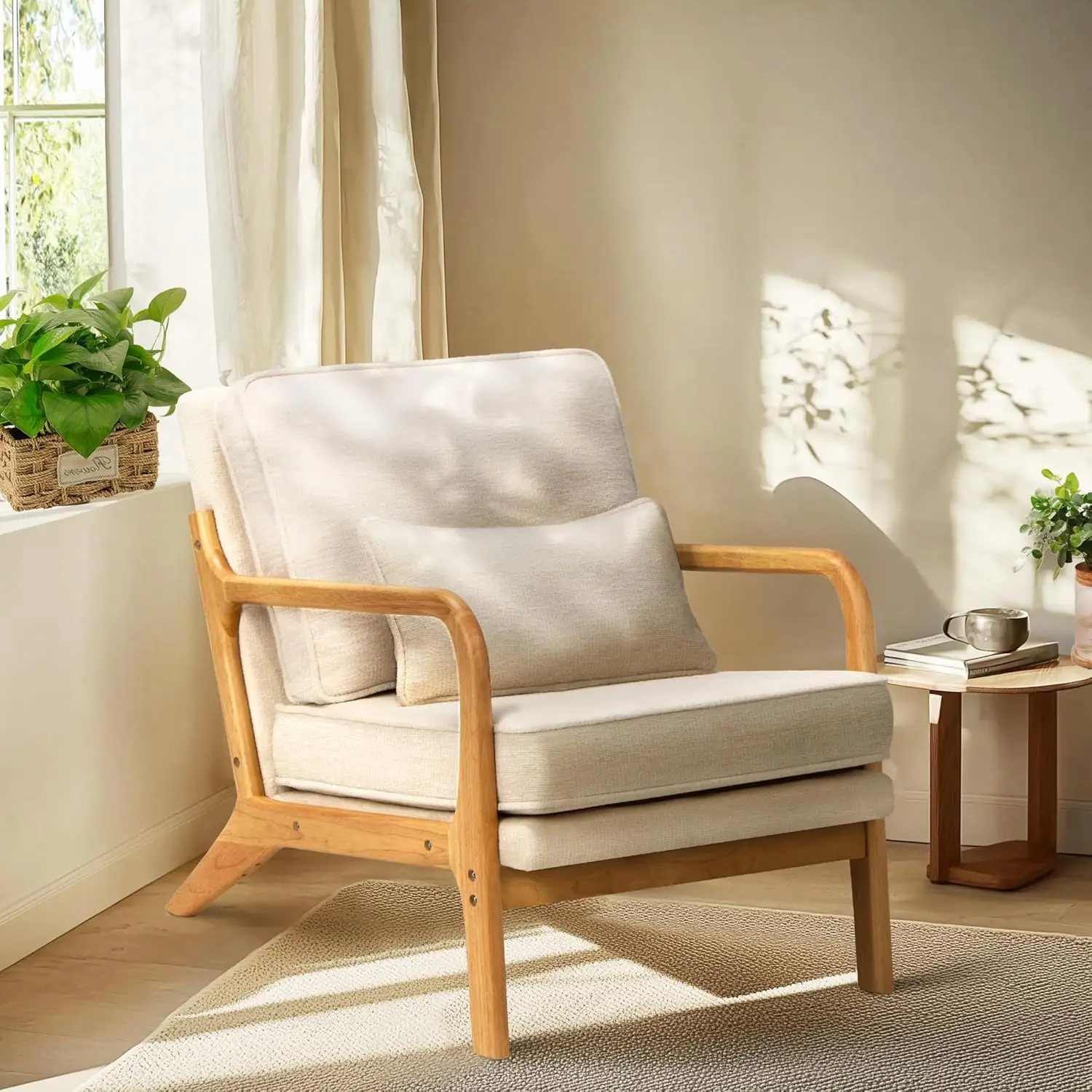 

Modern Accent Chair with With Solid Wood Frame, Mid Century Reading Leisure Armchair Lumbar Pillow& Soft Cushion