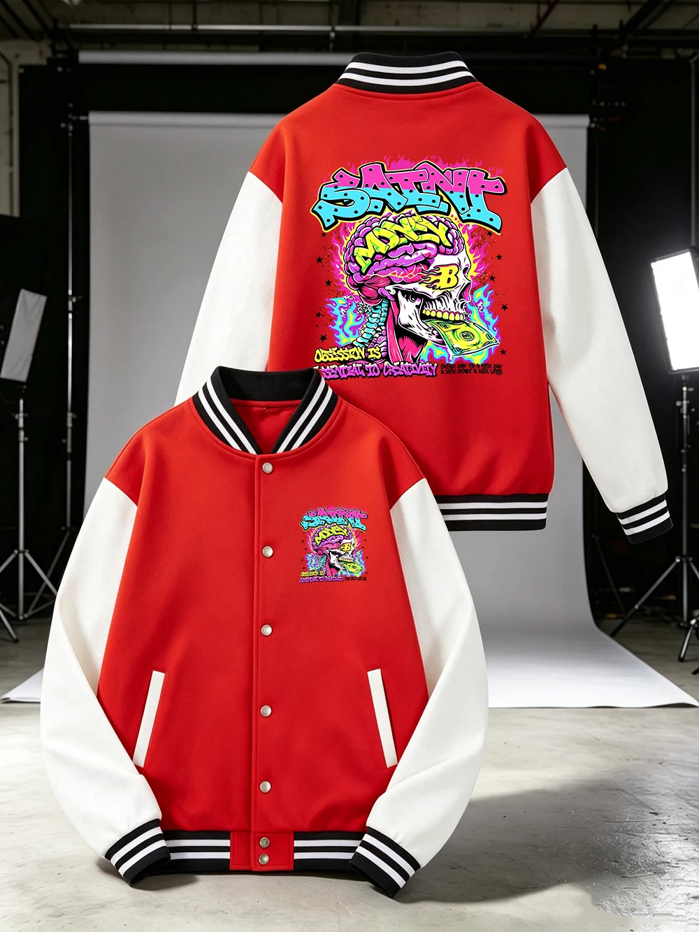 Saint Money Skull Printing Coats Mens Street Loose Baseball Jersey Winter Fleece Warm Cotton Jackets Casual Pocket Male Clothes