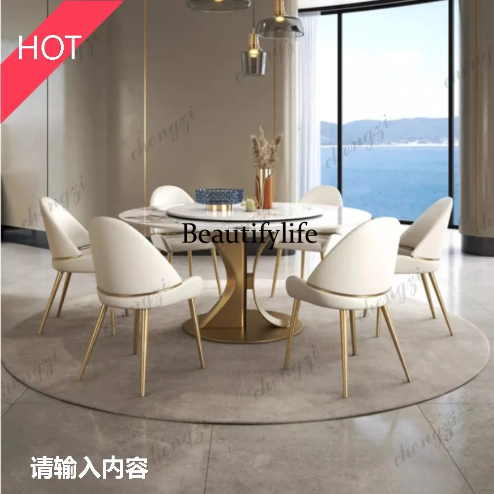 Juego de Mesa de Comedor Redonda de Lujo M9344 con Tablero de Mármol, Muebles Mesa Posta, Base de Acero Inoxidable Dorado, Diseño de Autor