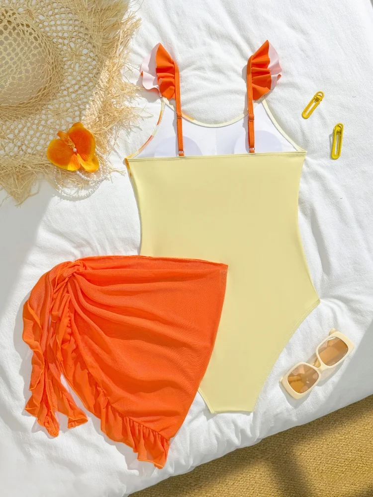 One Piece Girls Kids Swimsuit 2026 New Orange Flowers Ruffle Sling Children Swimwear Summer Bodysuit Mesh Beachwear Bathing Suit