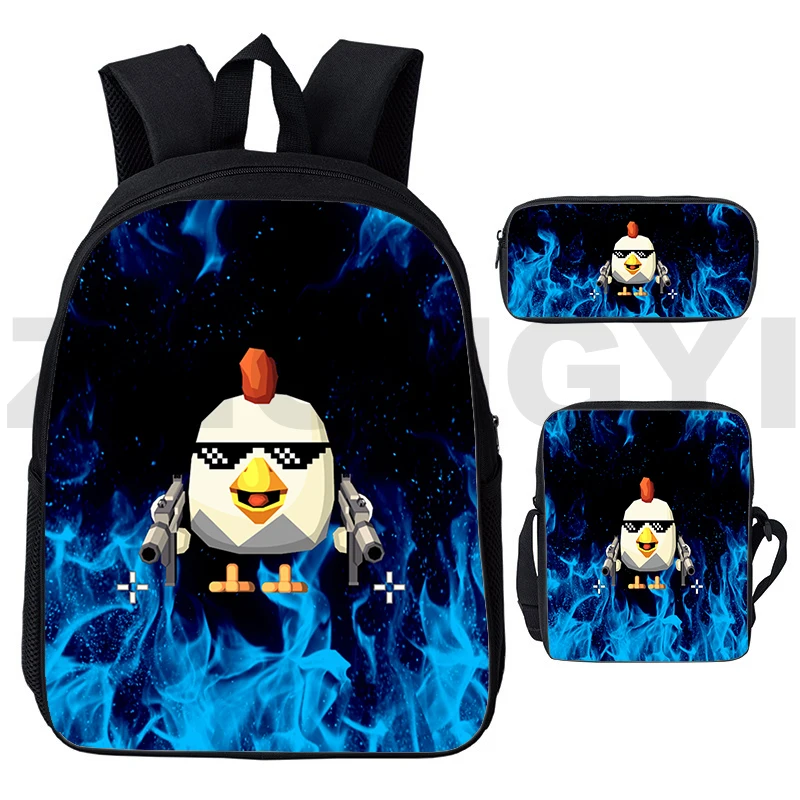 3D Fashion Chicken Gun Backpack Men Anime Crossbody Bag 3 Pcs/Set Boys Girls Canvas Cartoon Chicken Gun Schoolbags Pencil Case