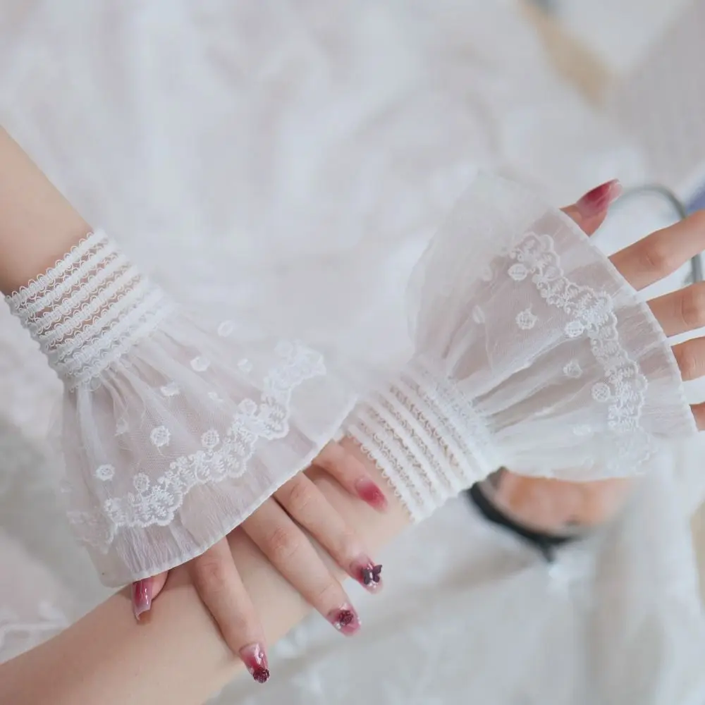 Manset Palsu Berlapis-lapis dengan Ruffle, Dapat Dilepas, Putih, Manset Palsu untuk Lengan