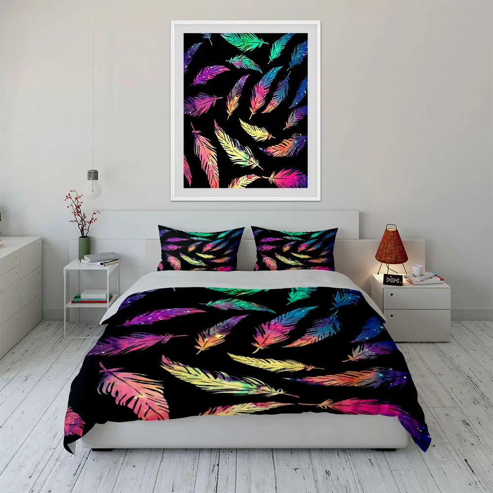 

"Colorful Feather Decor Set" Bedding Set with 1 Duvet Cover 2 Pillowcases Single Double King Queen, Gift