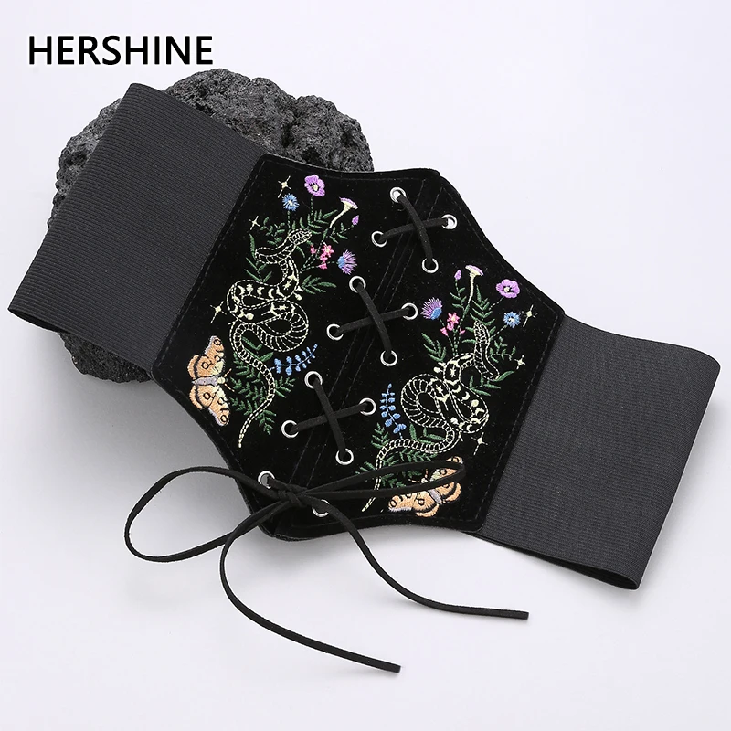 HERSHINE – ceinture large élastique brodée serpent et papillons Vintage pour femmes, accessoire de mode de Style gothique Y2K, printemps, été