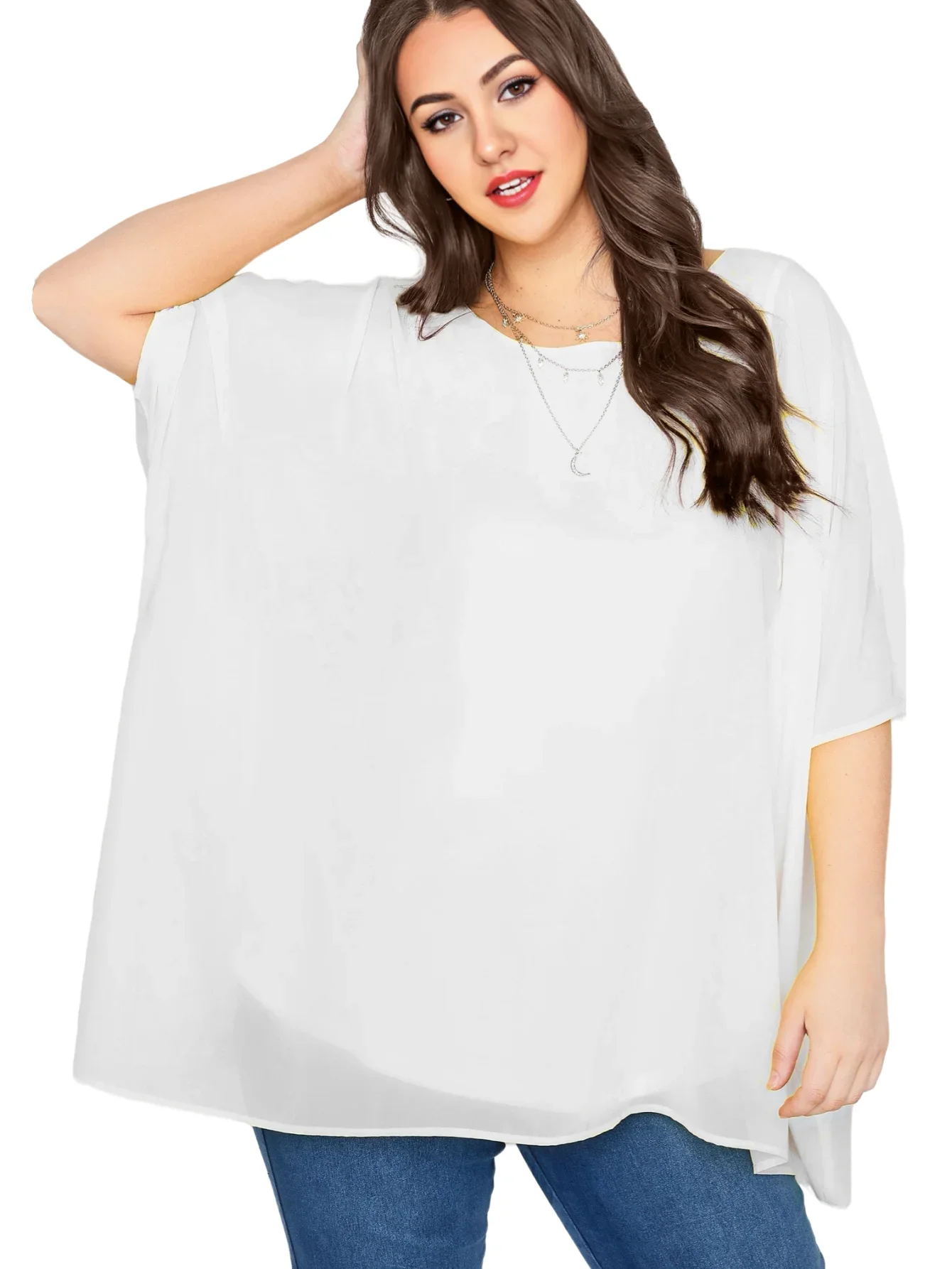 Womens Plus Size Elegant Summer Blouse Batwing Sleeve Oversized Chiffon Blouse Scoop Neck Large Size Casual Tunic Top Shirt 4XL