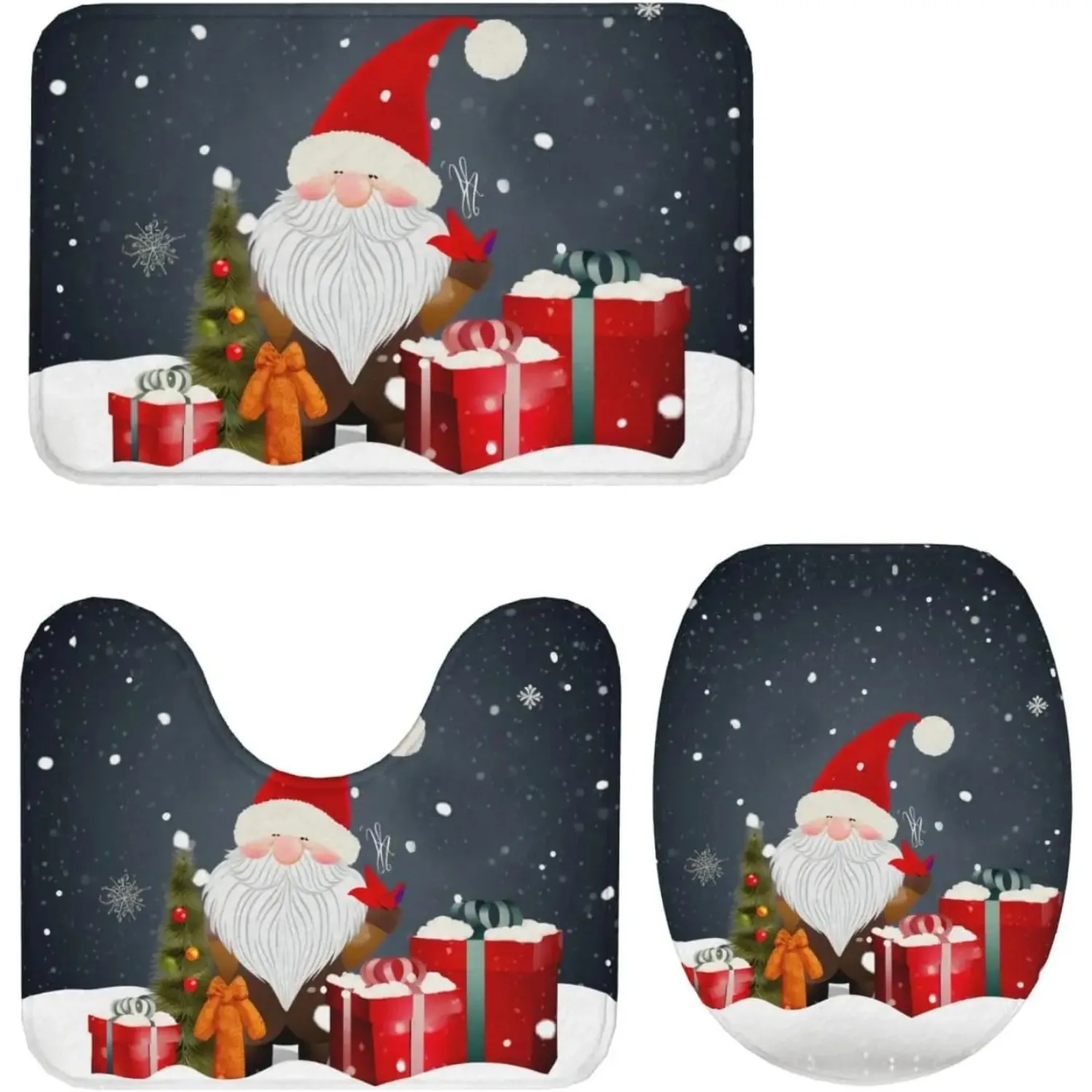 Merry Christmas Gnome Gifts Bath Rugs 3 Piece Set Bathroom Mats U-Shaped Toilet Pedestal Rug Toilet Lid Cover Non-Slip Carpet