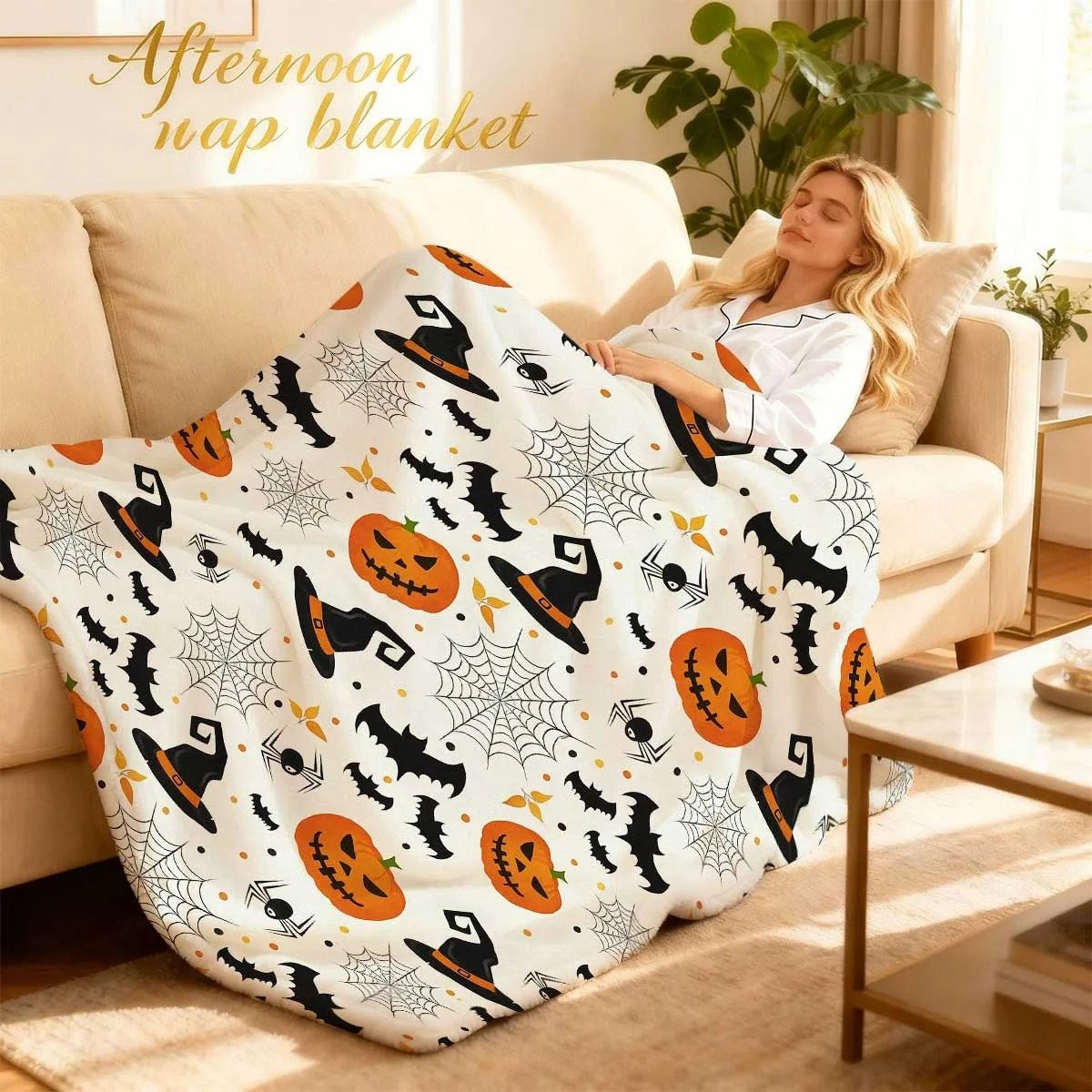 1pc Cute Blanket Pumpkin Spiderweb Witch Hat Black Bat Leaf Blanket, Soft, Warm, Comfortable and Lightweight Blanket, Suitable for Sofa, Bed, Living Room, Dormitory, Travel Fl