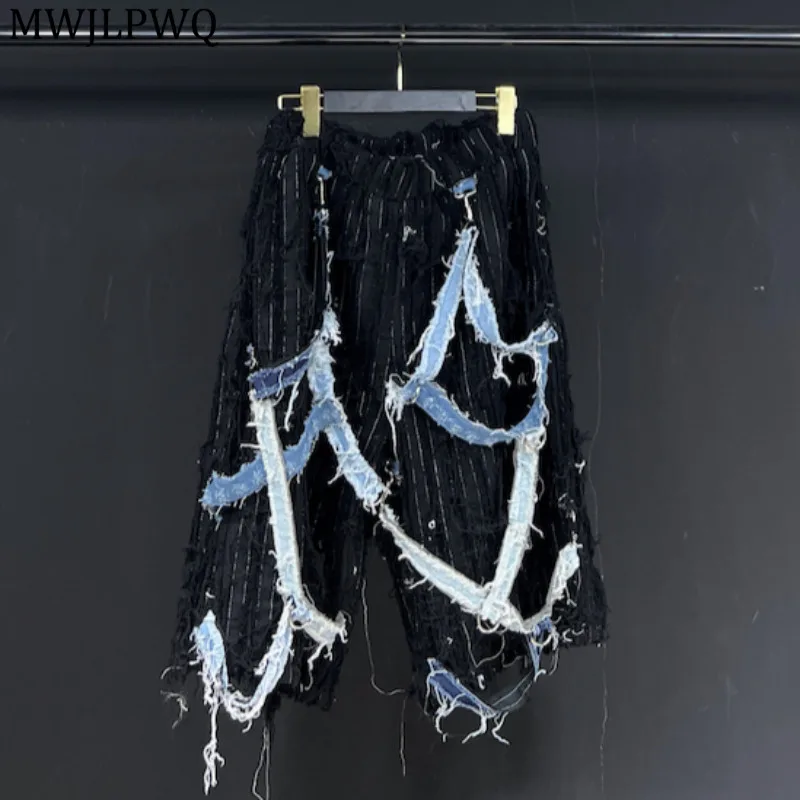 

MWJLPWQ Retro Denim Ribbon Design Male Shorts Summer New High Street Rough Edge Mid-waist Loose Straight Wide-leg Pants 11650