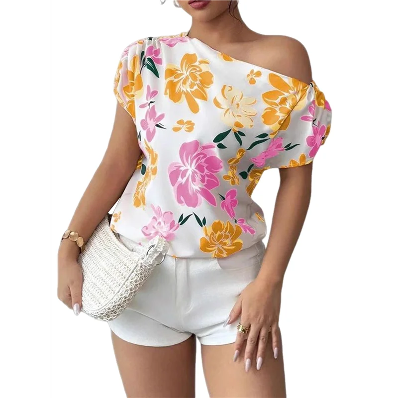 

ASDS-Women's Off The Shoulder Short Sleeve Tops Ruched Floral Print Summer Blouse