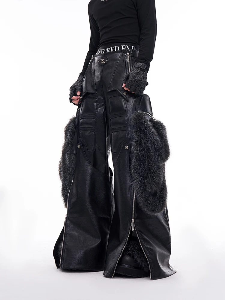 High Street Detachable Leg Structure Design Fur Splicing PU Leather Pants Men's Autumn and Winter Wide Leg Streetwear Pants