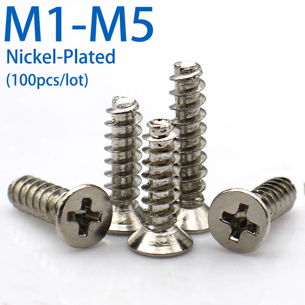 100PCS Nickel Plated Phillips Cross Countersunk Flat Head Type B Self Tapping Micro Screws KB M1 M1.2 M1.4 M1.6 M2 M2.5 M3 M4