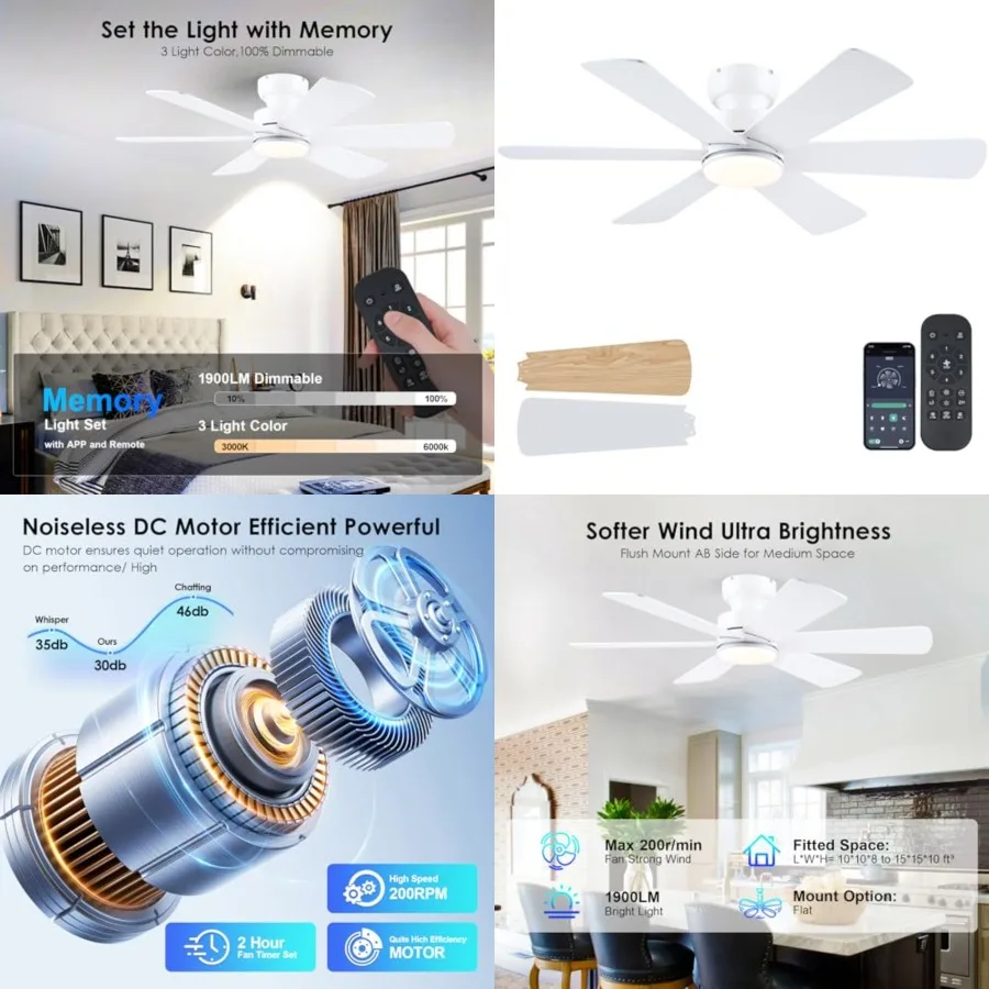 Ceiling Fans with Lights, Ceiling Fan with Remote APP, Dual-Sided Modern/Rustic 6 Blades, Reversible, 3CCT, Flush Mount Low Pro