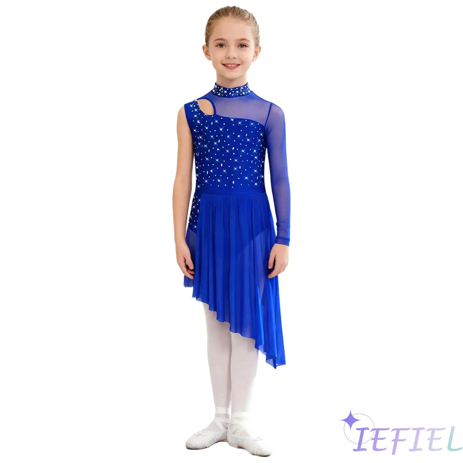 

Kids Girlsl Lyrical Dance Dress Mock Neck Cutout Sheer Mesh Patchwork Shiny Rhinestones Side Split Dress Ballet Latin Dresses