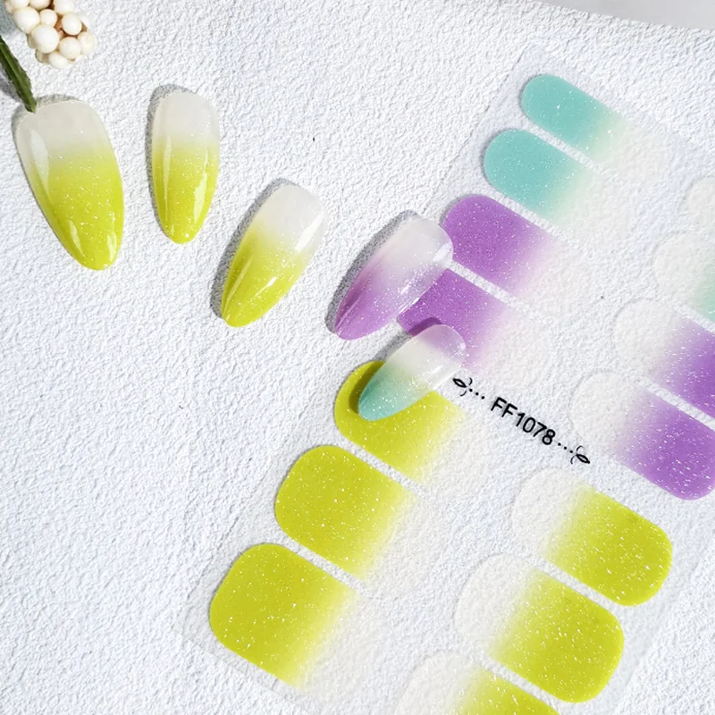 สติกเกอร์ติดเล็บลายกลิตเตอร์ไล่สีสันสดใส แบบกดติด ปิดเต็มเล็บ พร้อมกาวในตัว สำหรับตกแต่งเล็บ