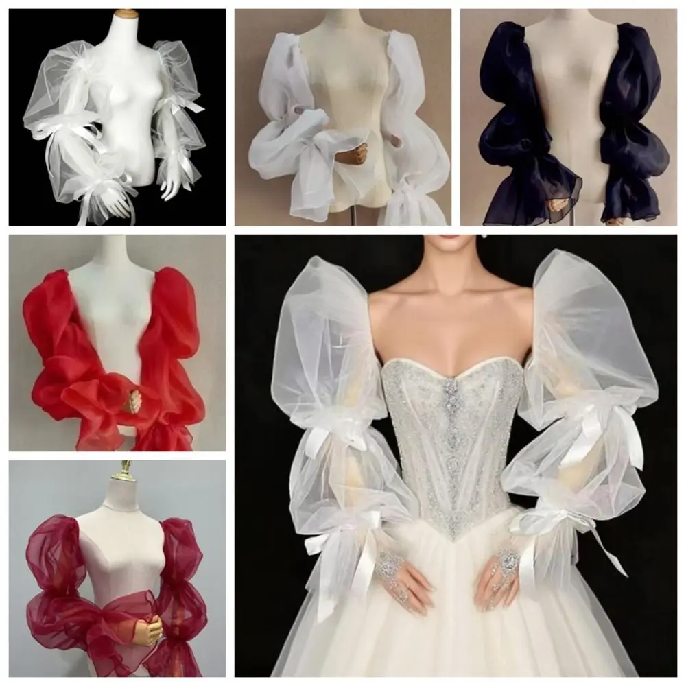 エレガントなパフウェディングアームスリーブ、イブニングドレスデコレーション、ボウノット、花嫁用取り外し可能なスリーブ、フリル、スイートフェアリースリーブ、女性用
