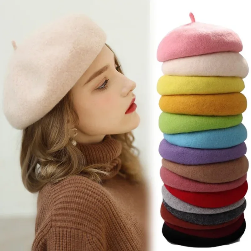 Women Wool Berets French Artist Style Warm Winter Beanie Hat Retro Plain Beret Solid Color Elegant Lady All Matched Autumn Caps