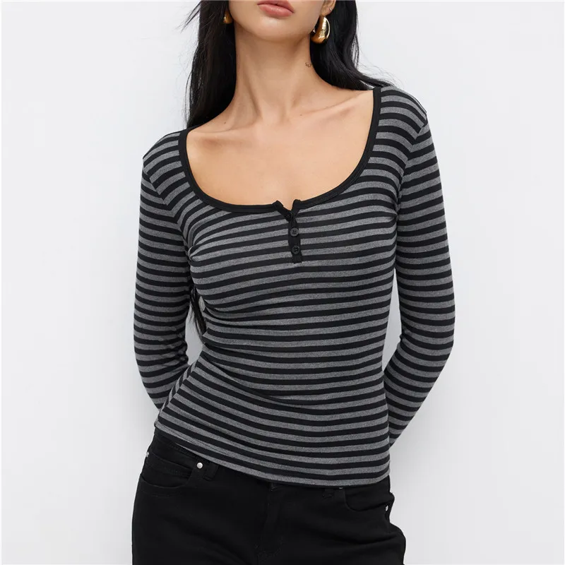 Y2K Striped Woman's T-shirt Goth American style Long Sleeve Top Vintage Harajuku Slim Black Pullover Spring Autumn Daily Clothes