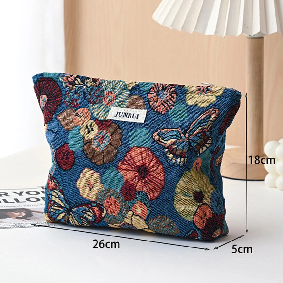 Women's Makeup Bag, Blue Bouquet, Large Capacity Sanitary Napkin, Touch-up, Makeup Supplies, Canvas Storage Bag, Toiletry Bag