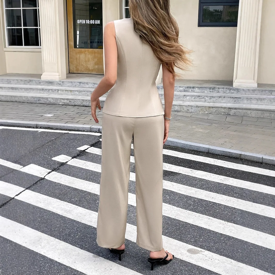

Ele Wide Leg Pants Square Collar Svel Vest Set Casual Sle Summer Faion Women's Two-Piece Suit Long Pants Univer...