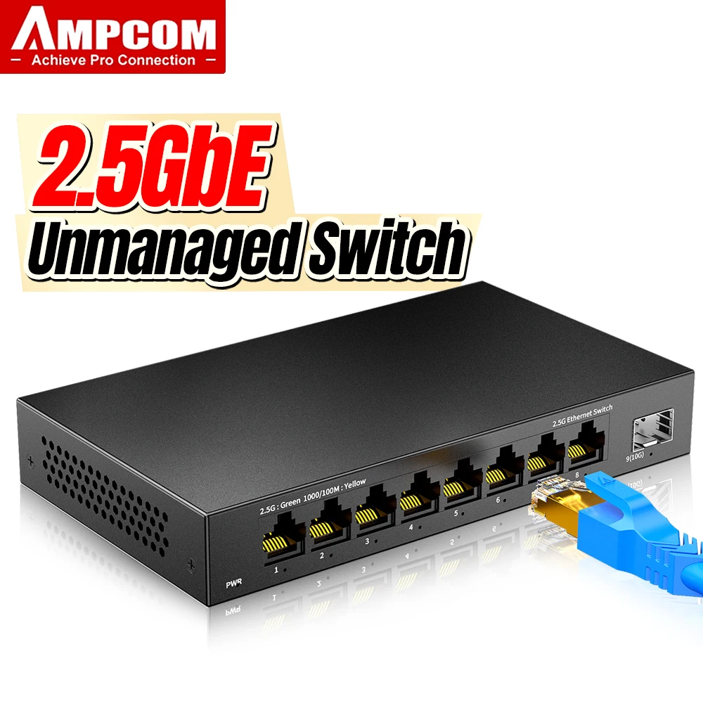 AMPCOM 8 Port 2.5Gigabit Ethernet Switch Unmanaged with 10G SFP, Compatible with 10/100/1000Mbps, Metal Fanless Network Switch