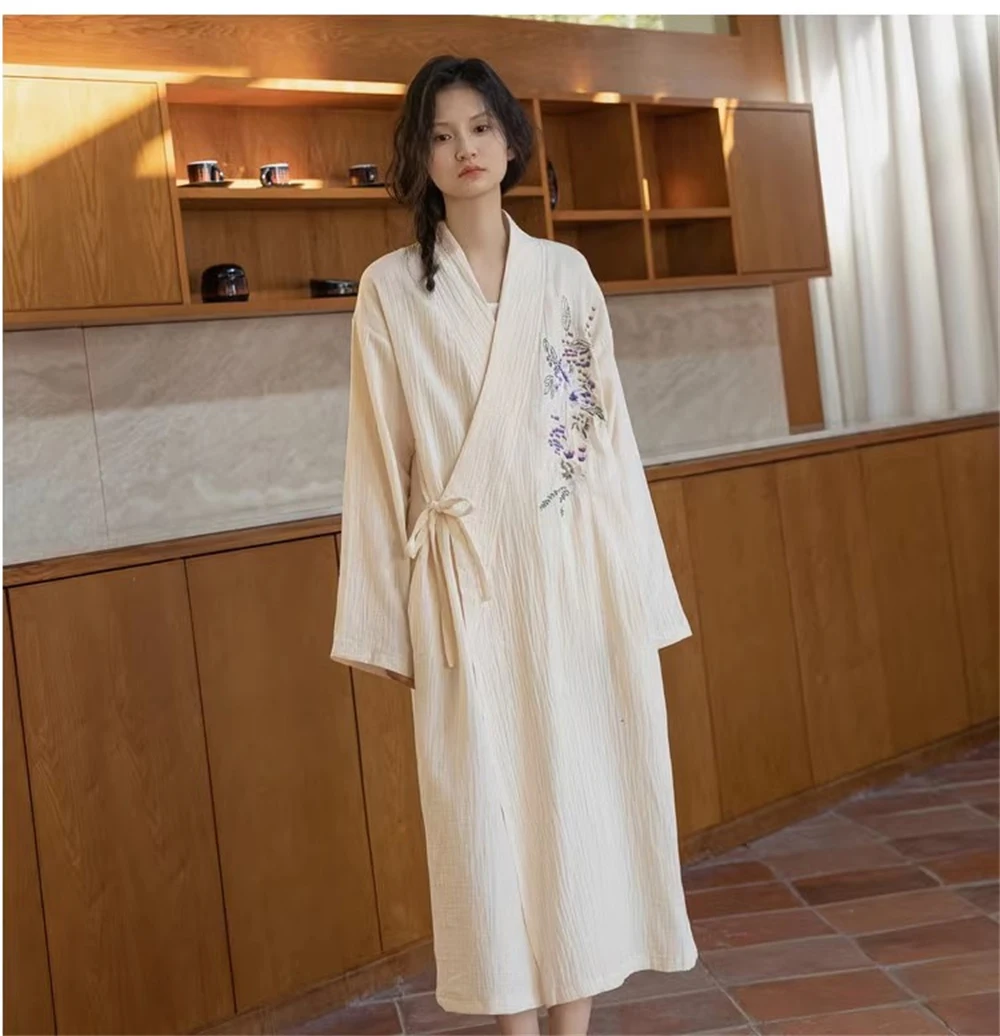 Long-sleeved Nightgown High-end Women Pajamas Autumn Japanese Print V-neck Kimono Bathrobe Comfort Breathable Homewear Sleepwear