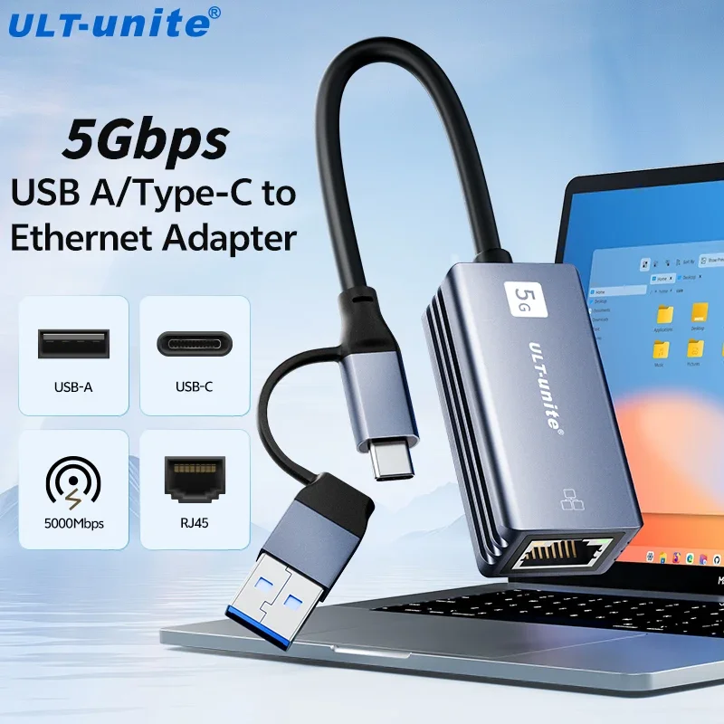 

5Gbps USB to Ethernet Adapter, 5000Mbps USB-C to RJ45 Network Converter, 2-in-1 Type C 5Gbps Ethernet Card for Windows, Mac OS