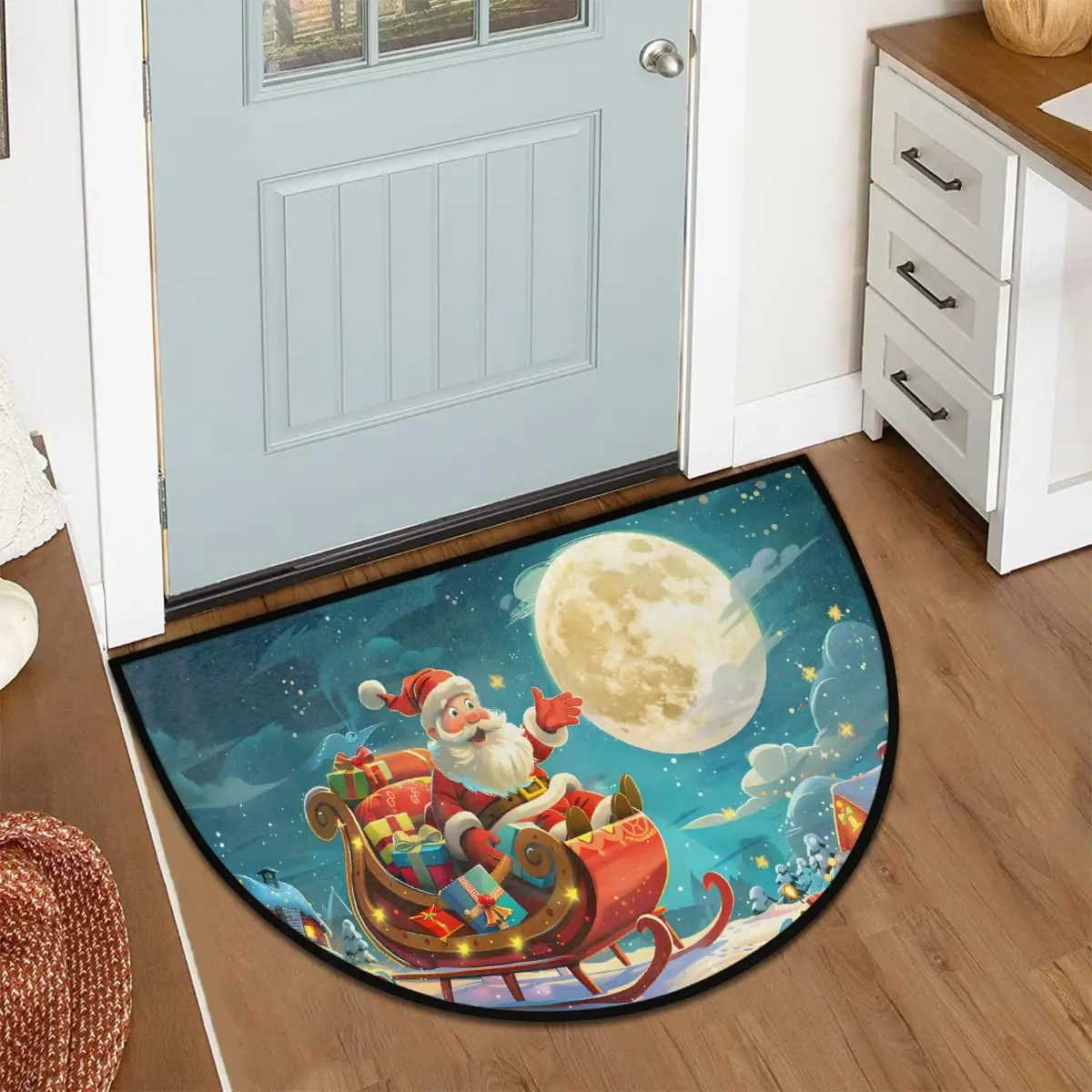 VIKAMA Christmas Santa Half Round Door Mat Non-Slip Entrance Welcome Mat for Indoor Semi Circle Bathroom Floor Mats Home Decor