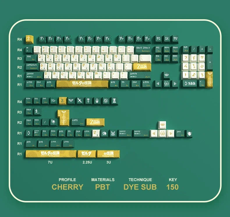 Imagem -01 - Zelda Keycaps Tema do Jogo Teclado Mecânico Personalizado Dye-sub Perfil Cereja Pbt Interruptor mx 150 Chaves zelda keycaps tema do jogo teclado mecanico personalizado dye sub perfil cereja pbt interruptor mx 150 chaves 01
