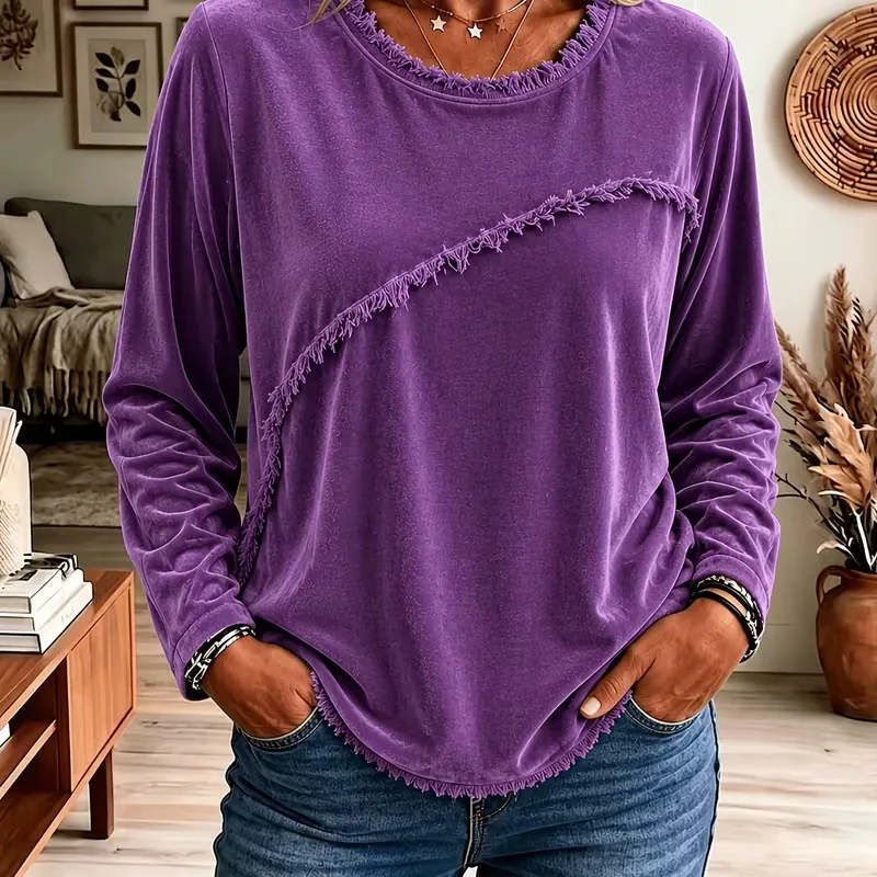 Women's Long Sleeve Top Crew Neck Fringe Trim Diagonal Decor Loose Fit Curved Hem Trendy Elegant Commute Velvet Pullover Blouse