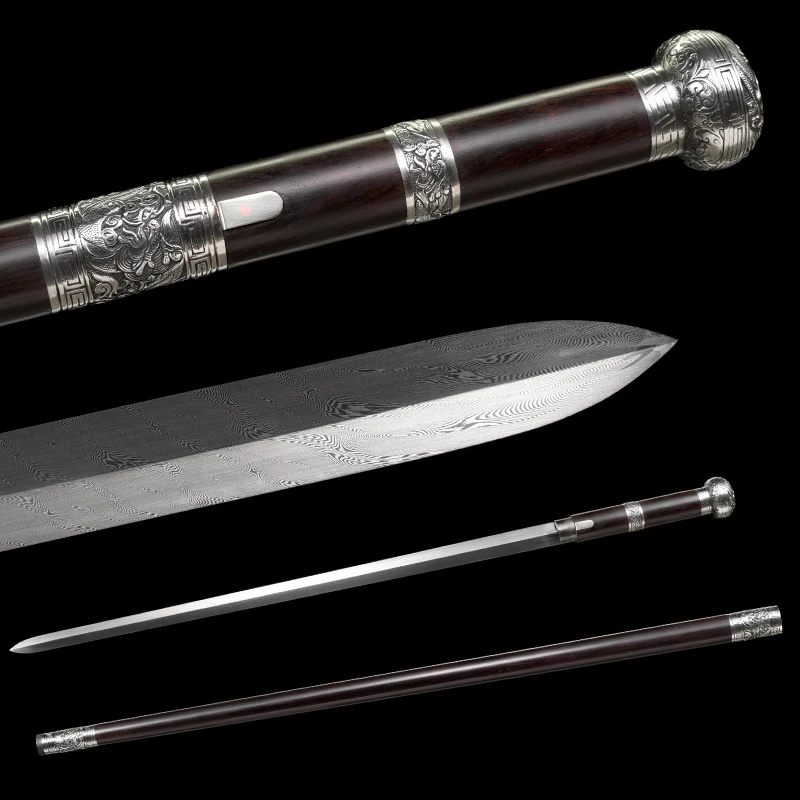 

Chinese Staff Sword Folded Steel Damascus Blade Sharp Real Ebony Wood Scabbard Walking Stick Samurai Swords Silver Dragon Katana