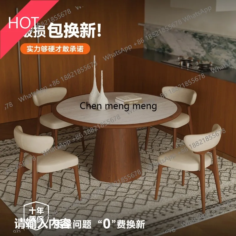 03A Travertine rock slab household small apartment with embedded round with turntable solid wood round dining table and chair