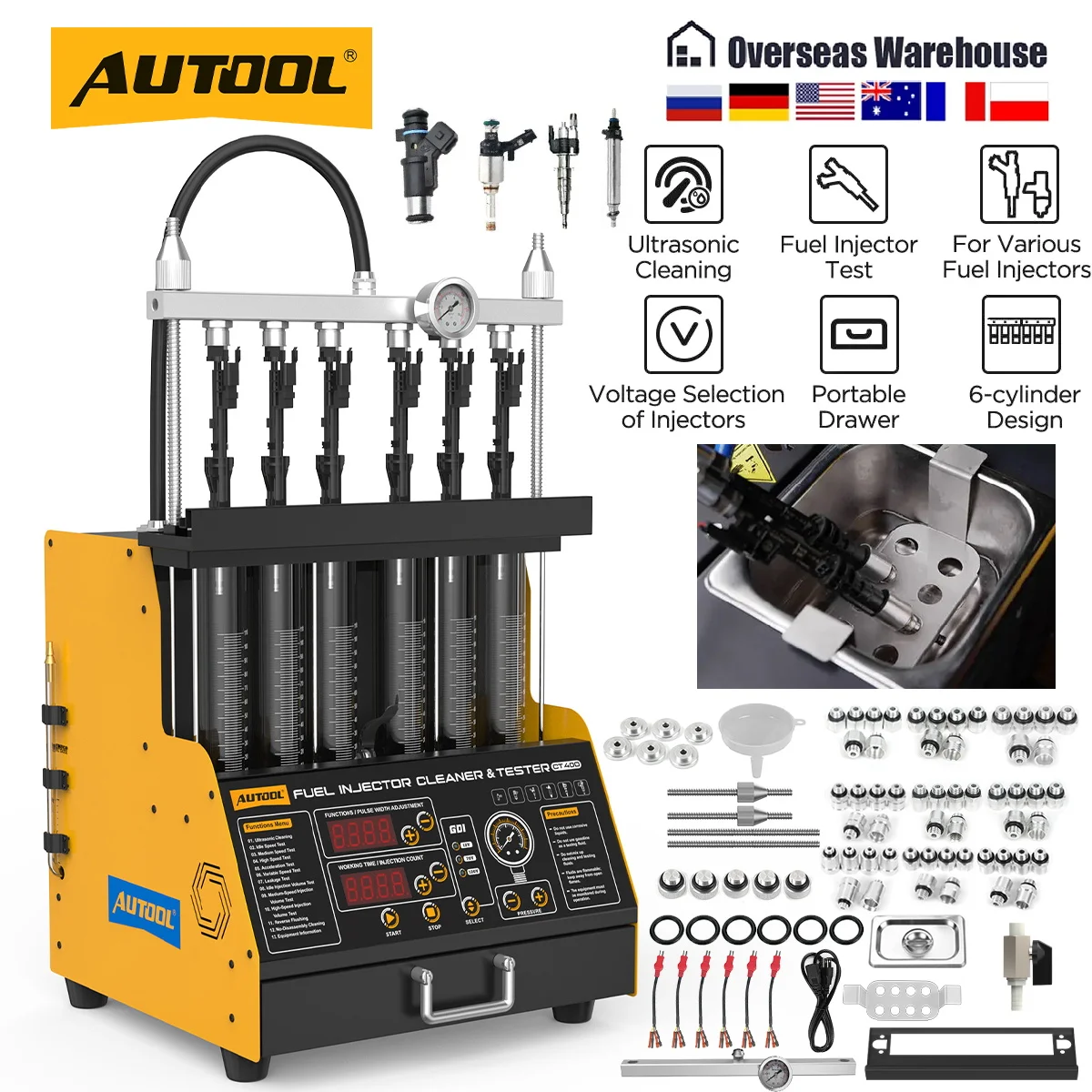 AUTOOL CT400 GDI EFI FEI Piezoelectric Fuel Injector Cleaner & Tester Machine 6 Cylinders 110-230V Ultrasonic for Car Motorcycle