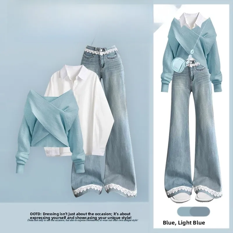 

Элегантный джинсовый комплект из трех предметов с кружевными вставками: женский модный повседневный стиль, вязаный свитер с V-образным вырезом, дизайн с перекрестными элементами, осенняя коллекция