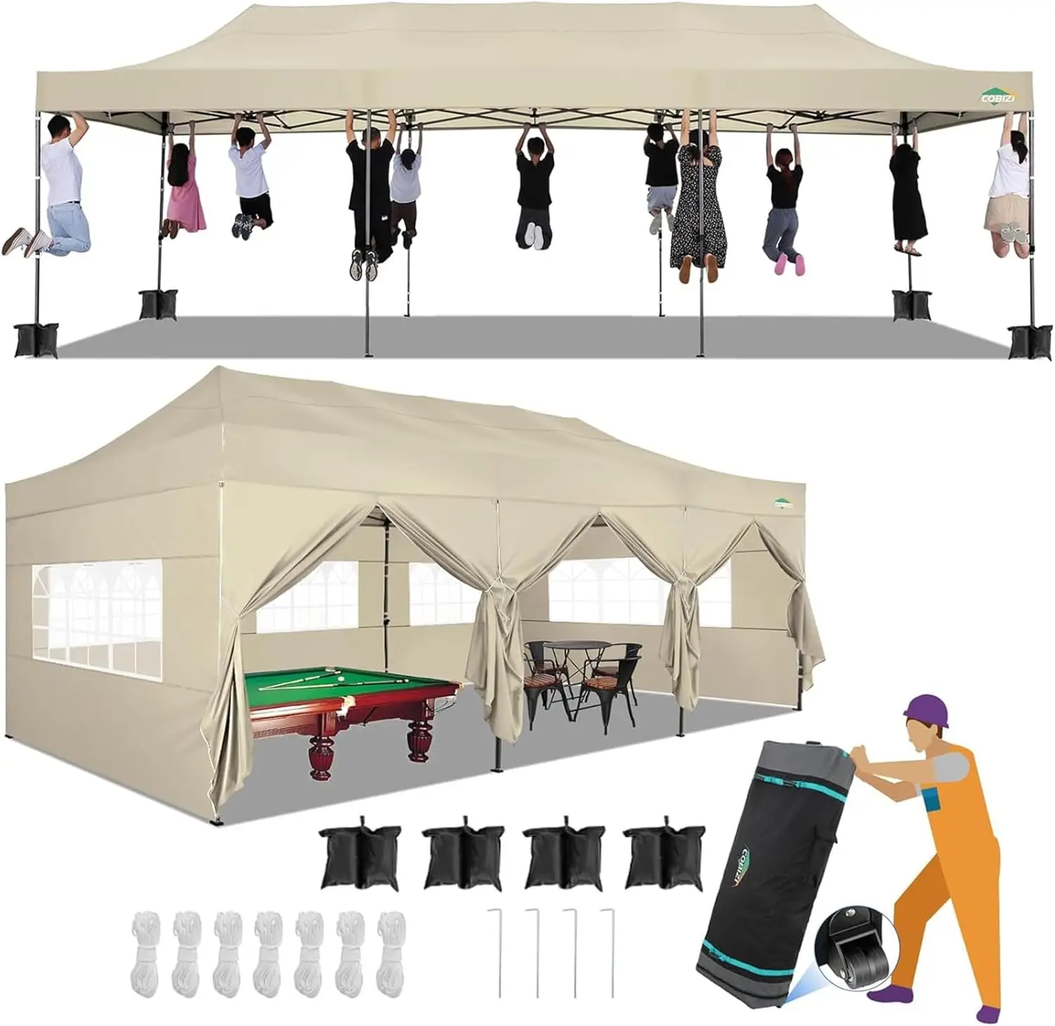 

10x30 Heavy Duty Pop up Canopy with 8 sidewalls Stable Wedding Outdoor Tents for Parties Canopy Pop Up Party Tent , Khaki