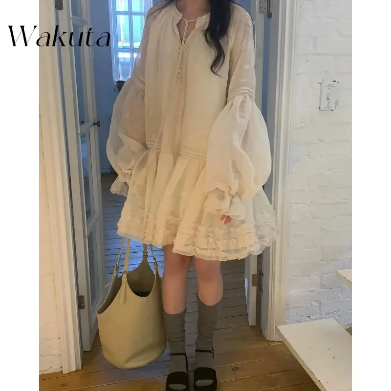

WAKUTA Casual Retro V-neck Bubble Sleeve Mini Dress Sweet Heavy Industry Lace Embroidery Fairy Dress From Dongdaemun South Korea