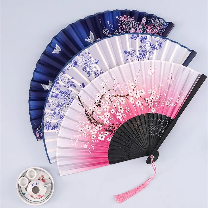 Ventilador de mão de seda vintage para mulheres, fãs de bambu chinês e japonês, presentes artesanais, adereços de dança, decoração para casa